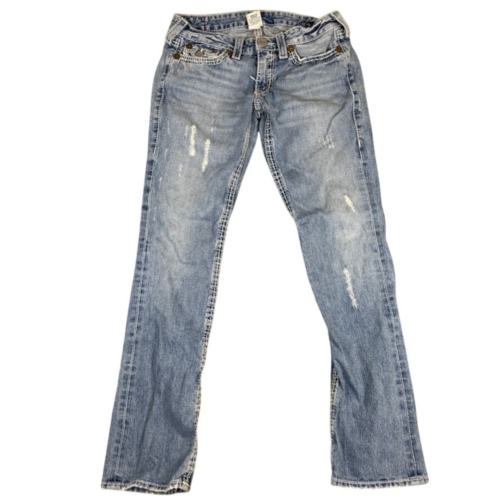 True Religion Women's 30 Light Wash Straight Leg Jeans White Contrast Stitching